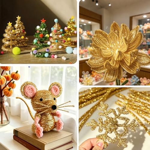 Gold Pipe Cleaners,Glitter Gold Craft Pipe Cleaners,200pcs Supplies for Home DIY Handmade Arts,Arts and Crafts for Kids Ages 6-8,Glitter Pipe Cleaners for Festivals DIY Decorations,Christmas Decor