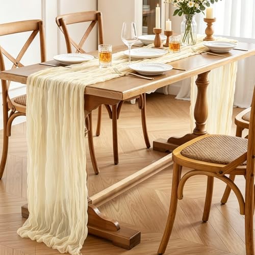 3Pcs Beige Table Runner, 10FT Rustic Cheesecloth Table Runner 35*120inch Boho Beige Runner for Wedding Bridal Shower Baby Shower Table Centerpiece Decorations