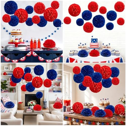 Recosis Red Blue Party Decorations, 18 Pcs Paper Pom Poms Decorations