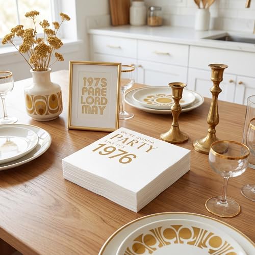 50th Birthday Cocktail Napkins Gold, 100 Pack We're Gonna Party Like It's 1976 Disposable Paper Beverage Cocktail Napkins for Women Her 50th Birthday Party Decorations, 5x5" (1976 Gold)