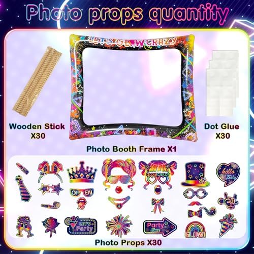Glow Neon Inflatable Photo Frame & Props, 30Pcs Neon Photo Booth Props with Let's Glow Crazy Inflatable Selfie Picture Frame for Neons Disco Black Light Party Supplies