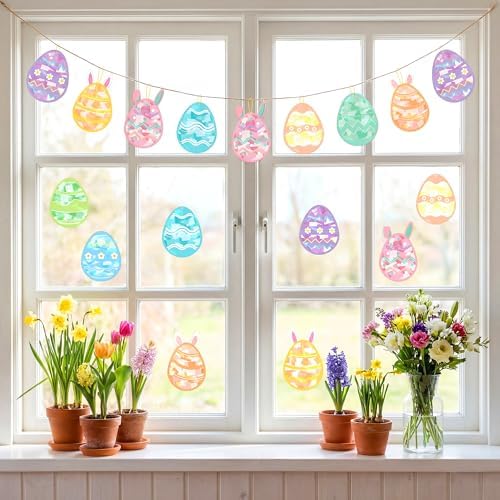 Renbuzhu 48PCS Easter Crafts Bulk: Eggs Paper Suncatchers DIY Kit for Activities Decorations, Window Stained Glass Effect Art Ornaments