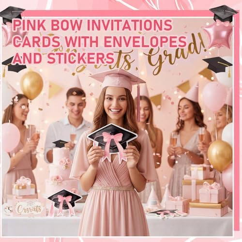 Marspark 25 Set Coquette Pink Bow Graduation Party Invitations Cards with Envelopes and Stickers Graduation Cap Shaped for College High School Grad Celebration Party Supplies, 5 x 6 Inch