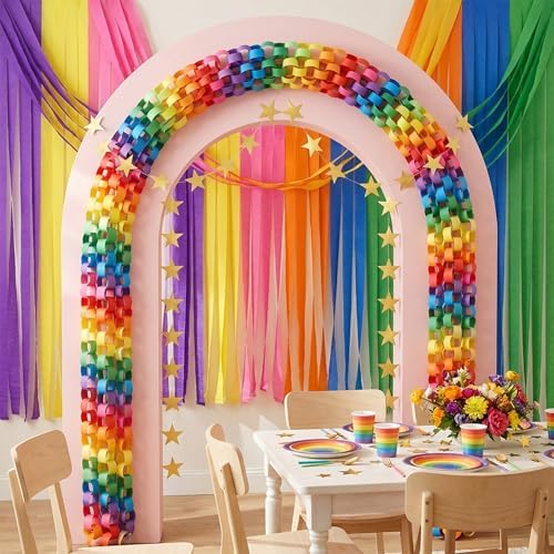1000 Sheet Rainbow Paper Chain Strips and 65 ft Star Garland Set