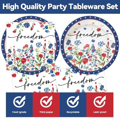 50Pcs 4th of July Flower Plates and Napkins Party Supplies, Disposable Patriotic Paper Plates Napkins Tableware Set for Memorial Independence Day Usa Party Decorations (Patriotic)