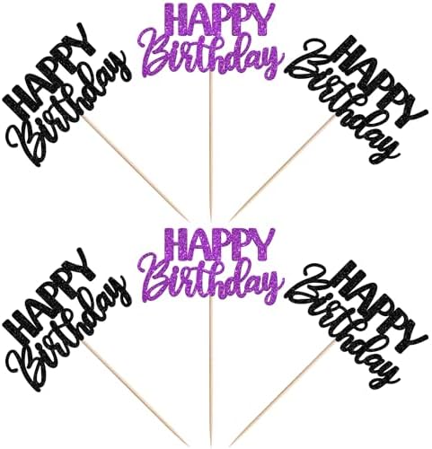 30 PCS Happy Birthday Cupcake Toppers Glitter Happy Birthday Cupcake Picks for Celebrating Anniversary Theme Christmas Party Cake Decorations Supplies Black Purple