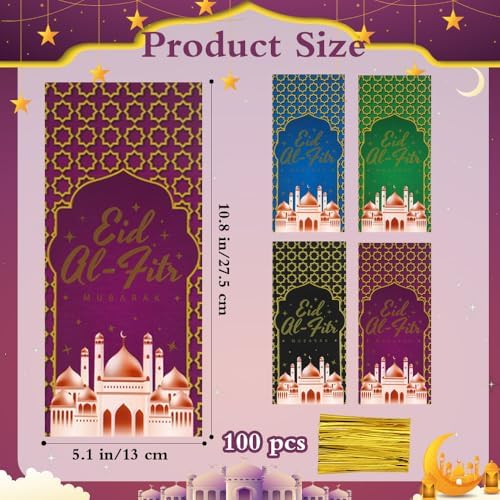 eowqeiur 100 PCS Eid Goodie Bags(5x11 Inch) with Ties for Candy Goodie Treat Snack Goody Cookie Small Gifts Wrap Ramadan Baggies Pouch Eid Mubarak Party Favors Supplies Decor