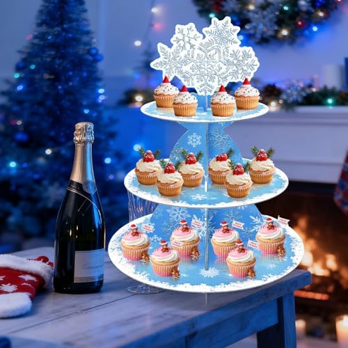 Gistome 3-Tier Snowflake Cupcake Stand – Winter Wonderland Dessert Display Holder for Christmas Party Table, Frozen-Themed Birthdays, and Holiday Decorations