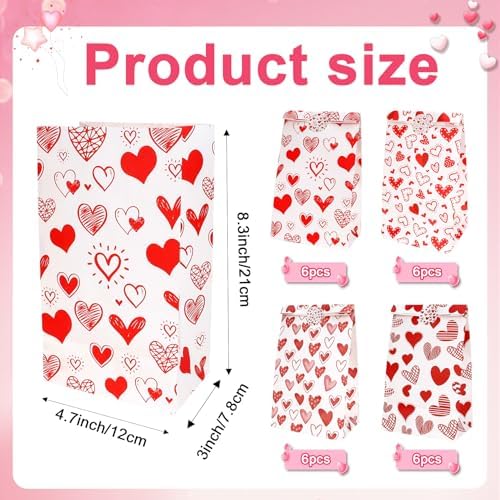 Valentines Bags for Kids Class 24 PCS Valentine Paper Bags with Stickers for Gifts Treat Goodie Candy Snack Goody Cookie Wrap Galentines Valentines Day Party Favors Supplies Decorations Baggies Pouch