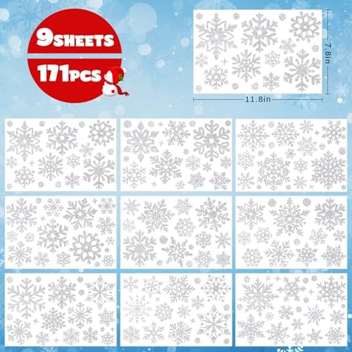 170PCS Glitter Christmas Window Clings Snowflake Window Clings for Glass Windows Silver Snowflake Window Stickers
