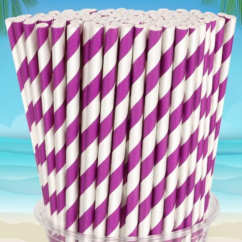 100 Packs Purple Biodegradable Striped Paper Straws, Disposable Drinking Straws for Birthday Carnival Summer Pool Party Wedding Baby Shower Halloween Christmas Party Decoration Supplies
