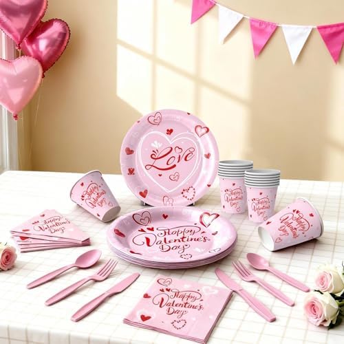 168 Pcs Valentine's Day Tableware Set - Serves 24, Heart & Love-Themed Disposable Paper Plates, Cups, Napkins, Forks, Spoons, Knives for Valentines Day Party, Wedding,Bridal Shower,Holiday Gatherings
