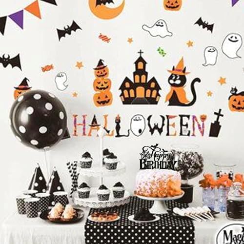 1 PCS Halloween Happy Birthday Cake Topper Black Glitter Spider Web Bat Cake Pick Halloween Party Decorations for Baby Shower Kids Birthday Party Cake Decorations Supplies