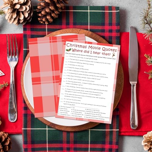 Christmas Movie Quotes Game Card - 20 Game Cards With 1 Answer Card -Film Theme Xmas Party Funny Activity for Family, Adults & Teens - Holiday Christmas Party Supplies & Decoration(Red Plaid)-A01