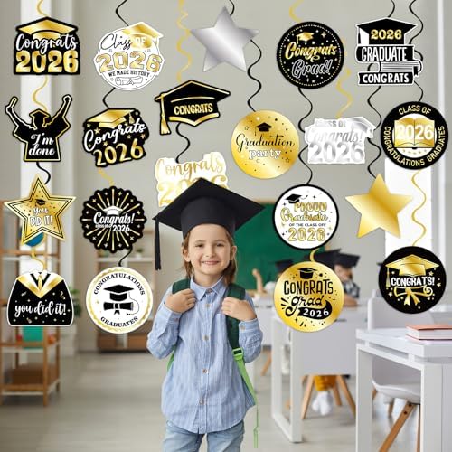 40Pcs Graduation Party Hanging Swirl Decorations, Black Glod Class of 2026 Congrats Grad Hanging Swirls Ceiling Decorations for 2026 Graduation Party Decor Supplies