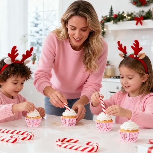 FYSUIMU 300Pcs Christmas Cupcake Liners Xmas Pink Bow Candy Paper Baking Cups Standard Muffin Cupcake Wrappers for Winter Holiday Birthday Wedding Party Supplies Table Decor