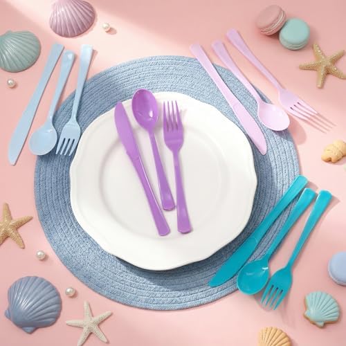 Minatee 180 Pcs Mermaid Plastic Silverware Heavy Duty Cutlery Sets Disposable Utensils for Holiday Birthday Themed Party Supplies, 60 of Each Forks Knives Spoons