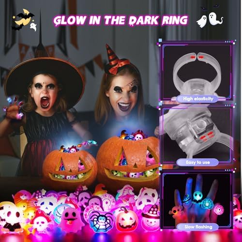 Tiaxidex 65PCS Halloween Light Up LED Rings, Non Candy Trick or Treats 3D Flashing Rings Toys Glow In the Dark Halloween Party Favor Ring Toy Gifts For Kids Adults Goodie Bag Stuffers