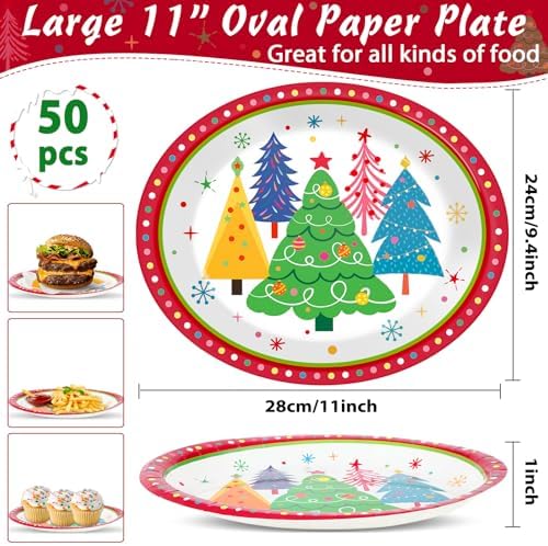 Lonfliness 50Pcs Colorful Christmas Tree Plates Disposable Paper Christmas Tree Party Decorations Supplies 11 Inch Oval Plate Platter Dish Tray, Xmas Holiday Tableware Dinnerware