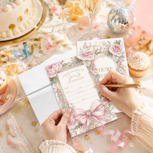AEHIE 20 Sets Pink Floral Wedding Party Invitations With Envelopes