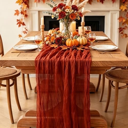 3Pcs Fall Table Runner, 10FT Thanksgiving Cheesecloth Table Runner 35*120inch Terracotta Table Runners for Fall Wedding Baby Shower Friendsgiving Thanksgivig Home Kitchen Table Decorations