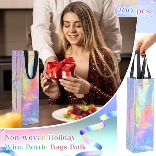 Windyun 200 Pcs Wine Gift Bags with Handle Reusable Small 13.8x3.5x3.9 Inches Liquor Bottle Totes Bulk for Birthday Wedding Christmas Holiday Party (Iridescent)
