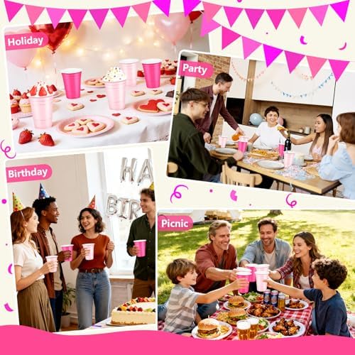 LANLISA 100Pcs Pink and Hot Pink Plastic Cups, 16 oz Disposable Cups For Birthday Party Decorations