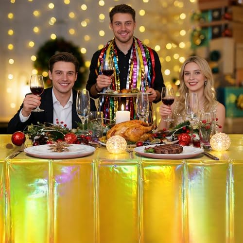 4 Pack Iridescent Gold Plastic Tablecloths Laser Table Covers Shiny Holographic Foil Tablecloth Disposable Rectangle Table Covers for Birthday Wedding Christmas Holiday Party Decorations 54x108 Inch