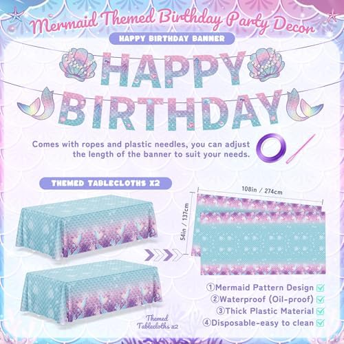 195Pcs Mermaid Birthday Party Decorations, Mermaid Tableware Party Supplies