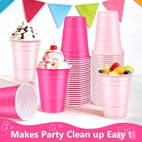 LANLISA 100Pcs Pink and Hot Pink Plastic Cups, 16 oz Disposable Cups For Birthday Party Decorations