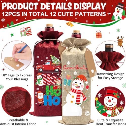 12Pcs Christmas Burlap Wine Bags, Drawstring Wine Gift Bags Bottles Covers