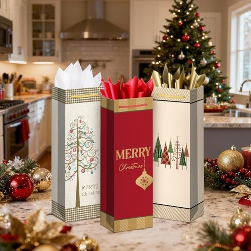 Xylitic 12 Pack Christmas Wine Bags with Handles, Holiday Wine Gift Bags for Bottles, Winter Wedding Birthday Xmas Party Supplies (4.7” x 3.5” x 14”)