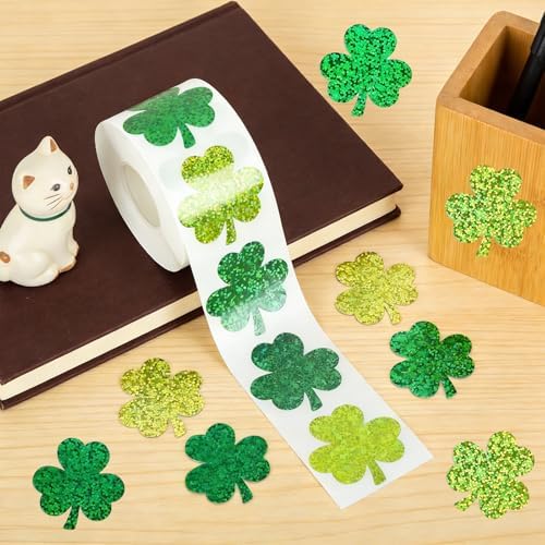500Pcs Shamrock Stickers Roll for St. Patrick's Day - 3 Styles Holographic Sparkly Green Clover, Self-Adhesive Waterproof Irish Themed Labels for Party, Cards, Envelopes & Gift Wrapping