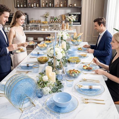 Rubtlamp 100 Guest Blue Gold Plastic Dinnerware Set,Clear Blue Disposable With Gold Rim, Hammer Fancy Party Plates Include 100Dinner Platos,100Cake Platos,100Cups,100 Pre Rolled gold Cutlery
