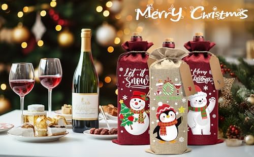 12Pcs Christmas Burlap Wine Bags, Drawstring Wine Gift Bags Bottles Covers