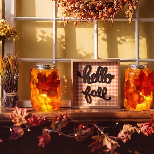 Qinyoung 12 Pcs Fall Crafts Maple Leaves Mason Jars with LED Candle Light
