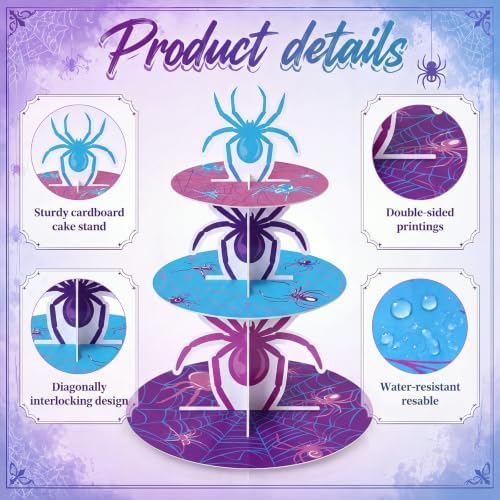 3 Tier Spider Cupcake Stand Decoration Pink Spider Cupcake Tower Purple Blue Spiderweb Table Decoration Hero Theme Dessert Holder Table Display for Hero Birthday Party Baby Shower Supplies