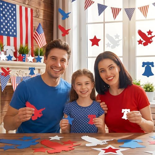 4th of July Decorations - 324 PCS Red White Blue Paper Star Eagle Liberty Bell Shape Cutouts Pre-Cut Set - Fourth of July Accessories, Patriotic Party Supplies Decor,250th Anniversary USA Merchandise
