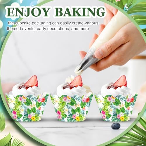Domensi 100 Pcs Hawaiian Luau Tropical Palm Cupcake Wrappers Rustic Cupcake Liners Green Baking Cups Baking Liners for Summer Birthday Party Supplies Dessert Decoration