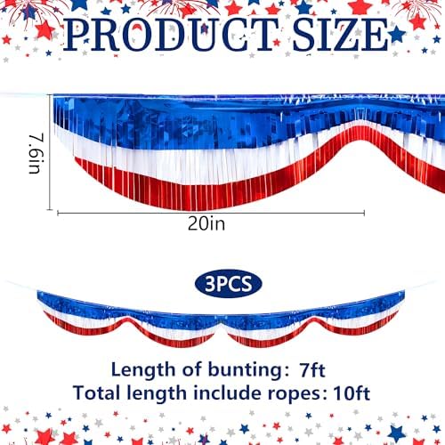 3 Pcs 20 Ft Patriotic Foil Fringe Bunting, Red White Blue Tinsel Streamers Banner, Independence Day Metallic Fringe Garland for 4th of July Celebration Party Parade Events Decoration