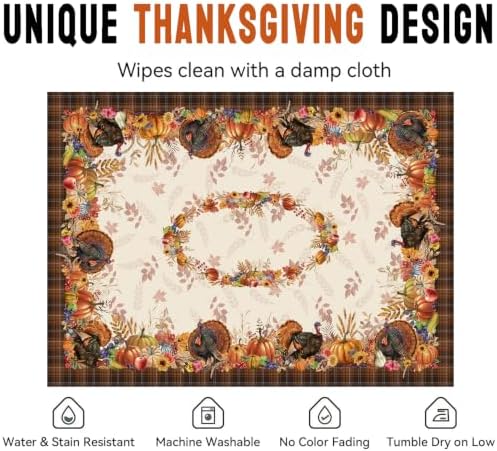Thanksgiving Plaid Tablecloth Rectangle 60 x 84 Inch, Stain Resistant Machine Washable Fabric Polyester Turkey Harvest Tablecloths Rectangular Thanksgiving Table Cloth Rectangle Table Cover