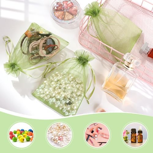 Hopttreely 100Pcs Organza Bags - 4 x 4.72 inch Candy Mesh Gift Bags, Olive Green Satin Drawstring Organza Pouches for Jewelry, Watch, Small Christmas Sachet