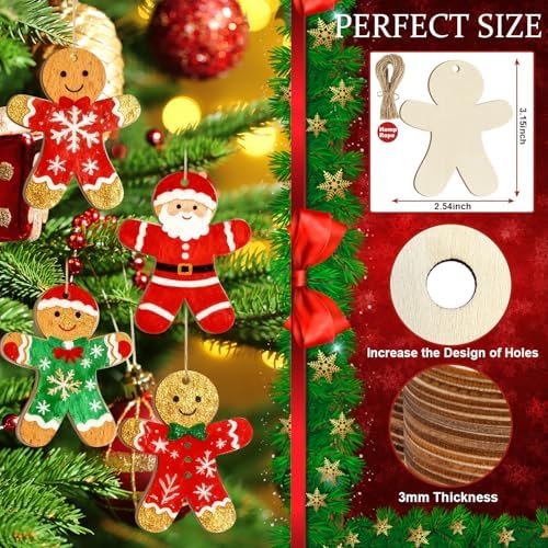 Wooden Christmas Gingerbread Man Ornaments to Paint Decoration Cutouts Unfinished 24PCS 3.5 inches, DIY Blank Unfinished Christmas Tree Ornament for Home Snowflakes Crafts Hanging