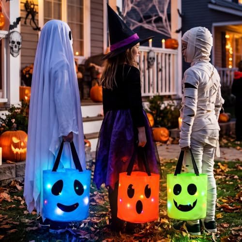 Sadnyy 3 Pcs Halloween Trick or Treat Bag Light Up,Orange,Green, Blue