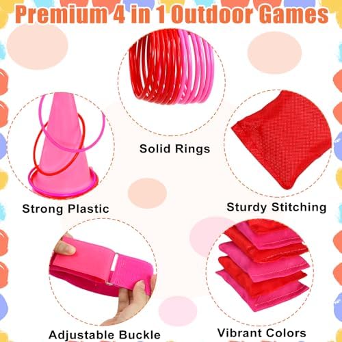 33Pcs Large 4 in 1 Valentines Day Games for Kids with Ring Toss, Plastic Cones, Bean Bags, 3-Legged Race Bands, Carnival Valentine's Games Activity Combo Set for Classroom Indoor Outdoor Party Yard