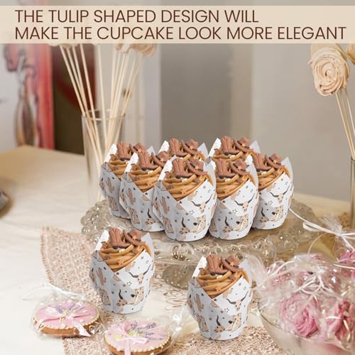 Maxdot 200 Pcs Western Cowboy Tulip Cupcake Liners for Baking Western Theme Paper Muffin Baking Cups Retro Wild West Tulip Muffin Liners Wrappers for Baby Shower Birthday Party