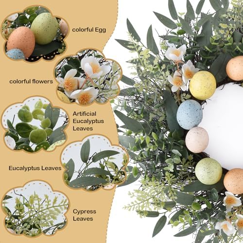 24 Inch Easter Spring Wreath with Eggs for Front Door Decor