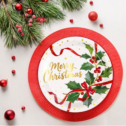 FYSUIMU Christmas Paper Plates Party Plates Xmas Gold Foil Holly Ribbon Disposable Dinner Plate for Winter Holiday New Year Party Tableware Supplies, 40 Pcs