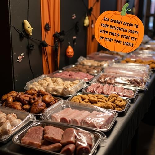 J&J's ToyScape Halloween Meat Tray Labels, 9 Piece Set, Spooky Food Theme Halloween Party Decor, Spooky Food Stickers, Glossy Water-Resistant Vinyl, 3x2 Inch