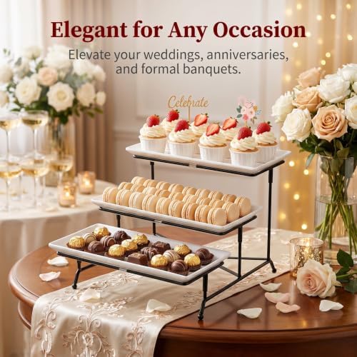 3 Tier Serving Tray, 12" White Plastic Tiered Food Serving Platters, Reusable Tray Stand Black Collapsible Metal Stand with Stable Cross Bars, Party Display Stands for Veggie Fruit, Dessert